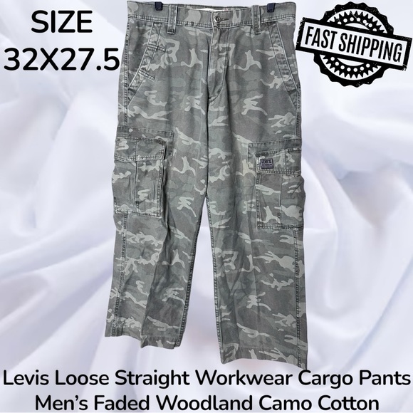 Levis Loose Straight Workwear Cargo Pants Mens 34x27.5 Fade Woodland Camo Cotton - Picture 1 of 7